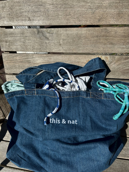 large embroidered t&n denim tote