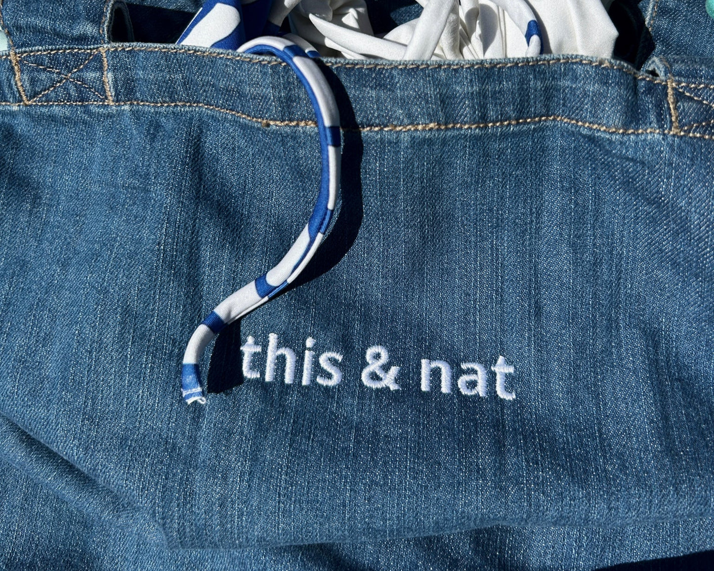 large embroidered t&n denim tote